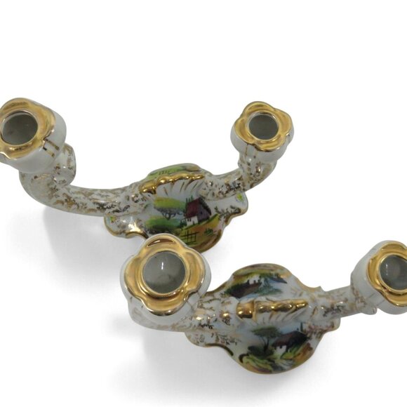 ALCOBACA Twin Arm Candle Holders PORTUGAL Set Country Scene Vintage 7.5" - Picture 4 of 11